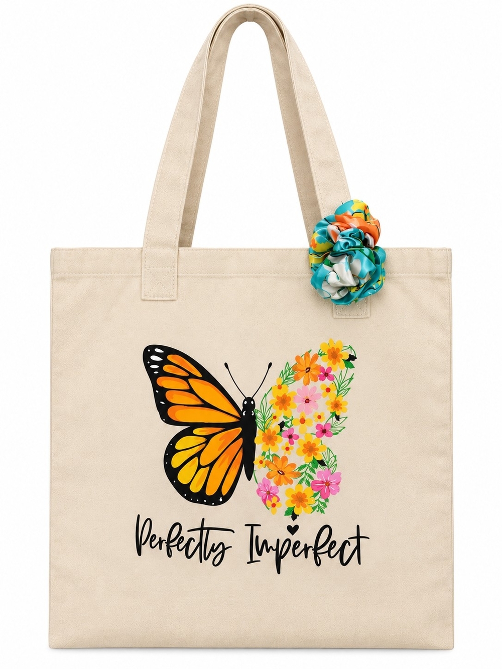 A183. Butterfly Floral Linen Tote Monarch Butterfly & Floral Design 14x15